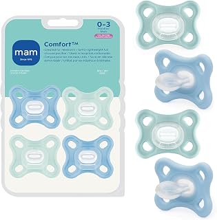MAM Comfort Baby Pacifier 0-3 Mths Lightweight One-Piece Silicone 4 Pack | Specially For Smaller Newborn Mouths, BPA-Free, Easy To Clean, Best For Breastfed Babies, Made In Europe