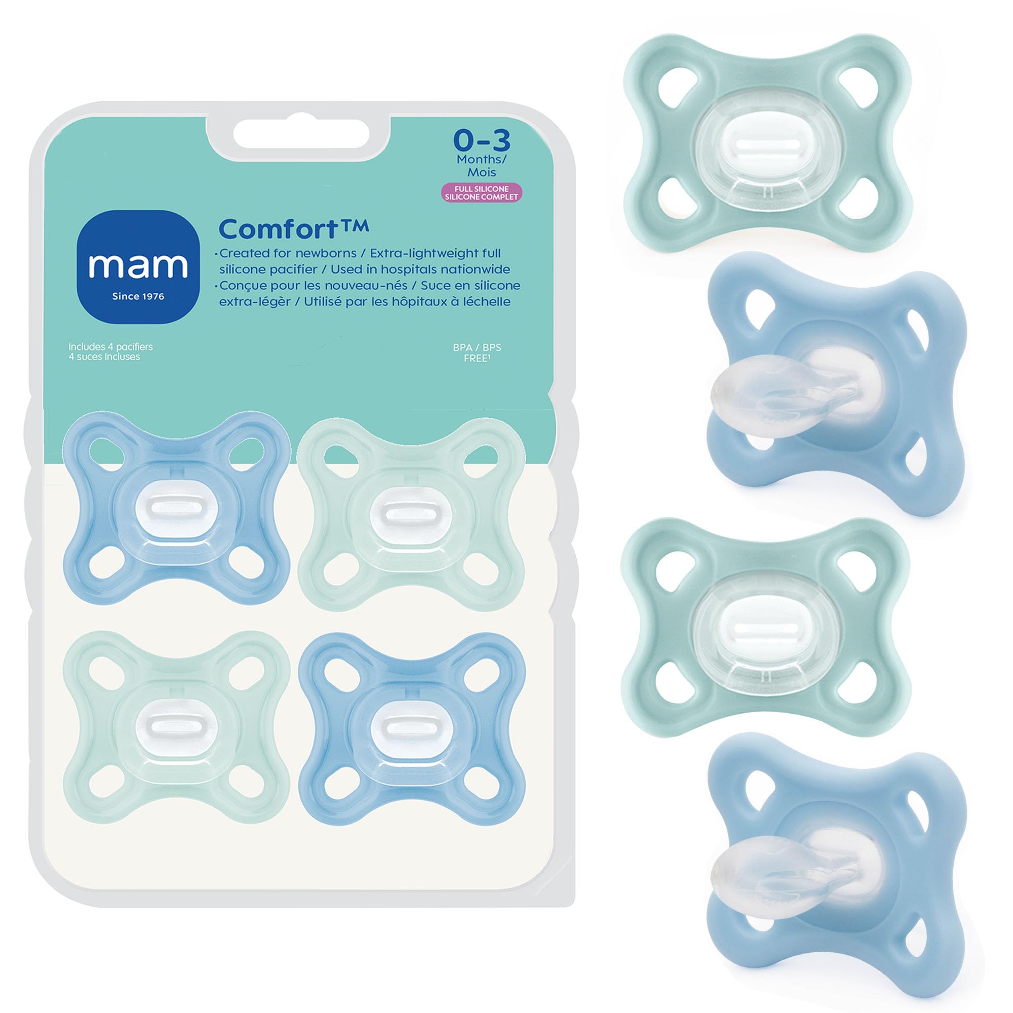 MAM Comfort Baby Pacifier 0-3 Mths Lightweight One-Piece Silicone 4 Pack | Speci