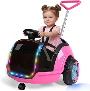 ANPABO 3-in-1 Electric 12V Ride on Push Car for Kids 1.5-3, Pink | 360° spin, remote control, 5-point safety belt, LED light & wireless music, ride on toy car for boys and girls