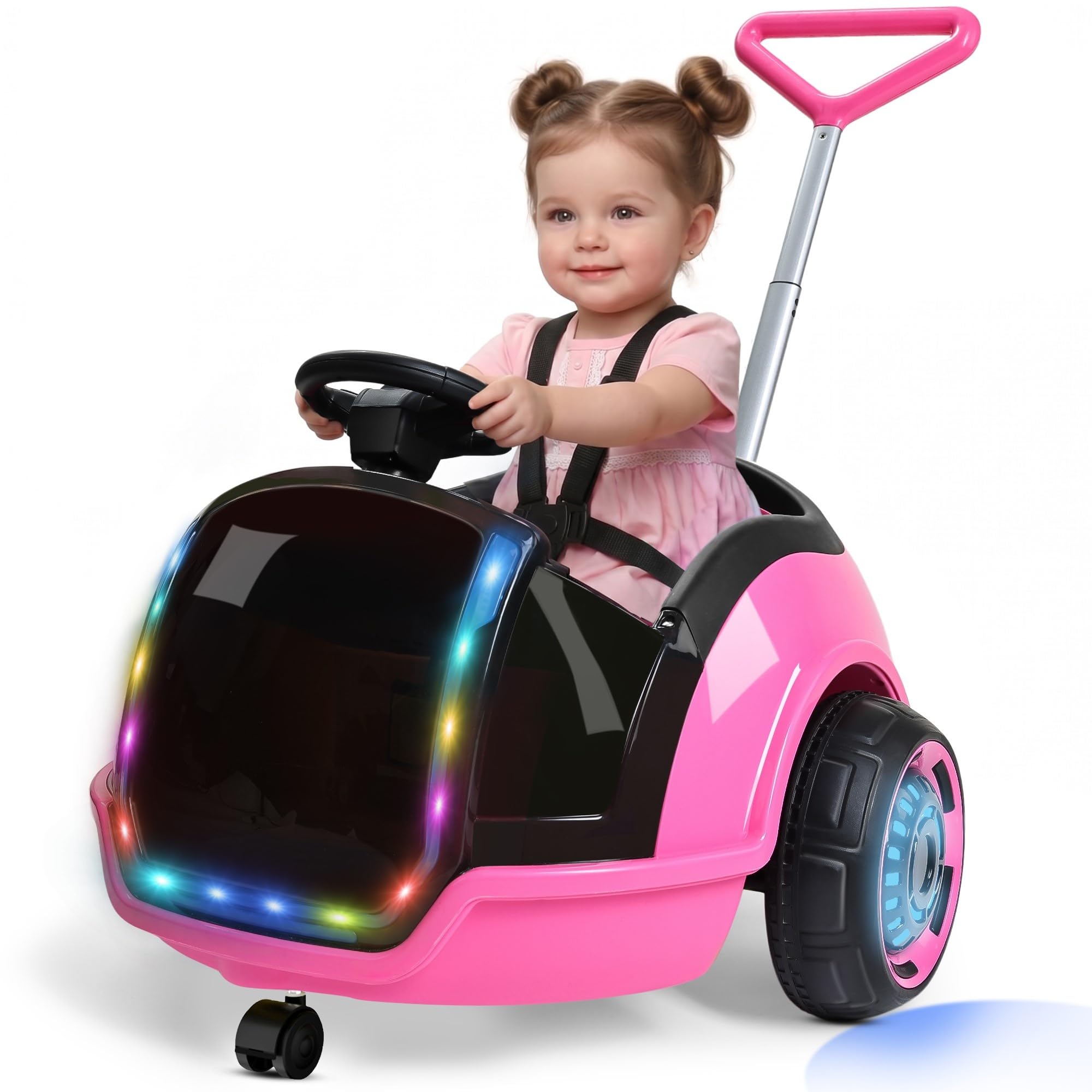 ANPABO 3-in-1 Electric 12V Ride on Push Car for Kids 1.5-3, Pink | 360° spin, re