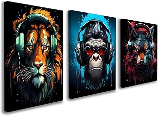 Set of 3 Framed Canvas Wall Art 12x16 Inch Each Music Animal Artwork Lion Gorilla Wolf Modern Wall Canvas Pictures for Living Room Bedroom Gaming Room Wall Decoration Prints with Hooks and Magic Tape