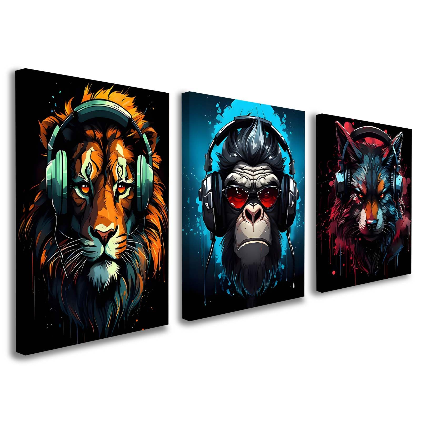 Set of 3 Framed Canvas Wall Art 12x16 Inch Each Music Animal Artwork Lion Gorill
