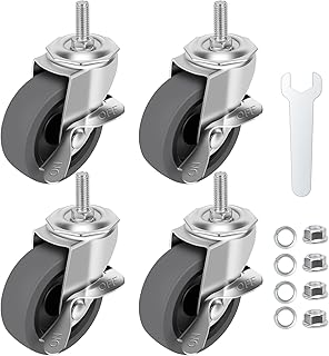 WHARSTM Caster Wheels, 3" Locking Swivel Threaded Stem Casters Set of 4 | 3/8"-16 x 1" (Screw Diameter 3/8", Length 1")Rubber Casters with 360 Degree No Noise Wheels for Furniture and Workbench