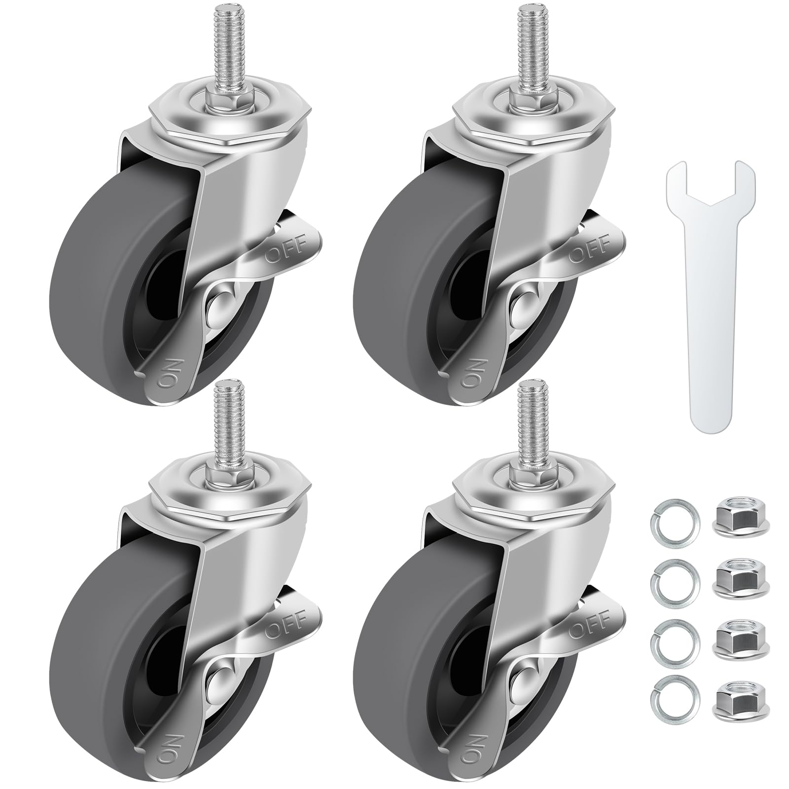 WHARSTM Caster Wheels, 3" Locking Swivel Threaded Stem Casters Set of 4 | 3/8"-1