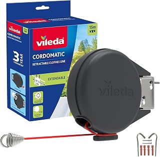 Vileda Single Cordomatic Retractable Washing Line, 15m, Holds up to 15kg | Extendable Clothes Line with Automatic Retraction, UV‑Protected Case & Steel Fittings, Wall Mounted for Indoor & Outdoor Use