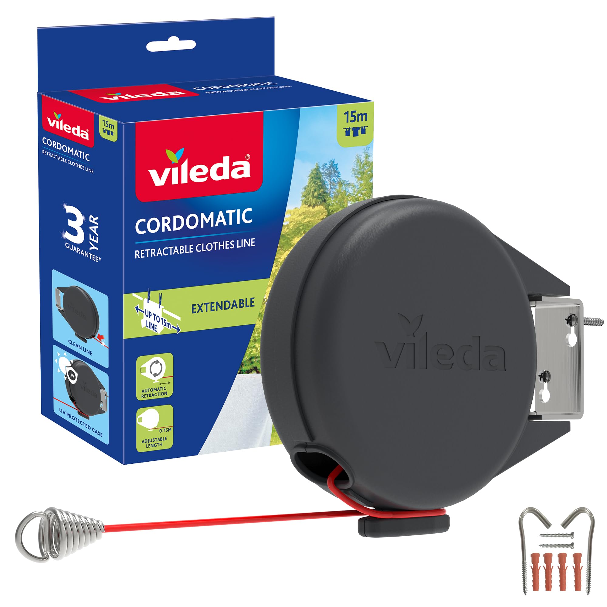 Vileda Single Cordomatic Retractable Washing Line, 15m, Holds up to 15kg | Exten