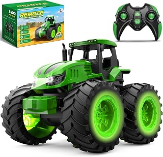 HappyGoLucky 1:18 Scale Remote Control Tractor, Kids Rc Farm Tractor-Light-Up Headlight & Wheels/USB Charging/2.4Ghz, Kids Toys Gifts for 3-8 Year Old Boys Birthday Presents