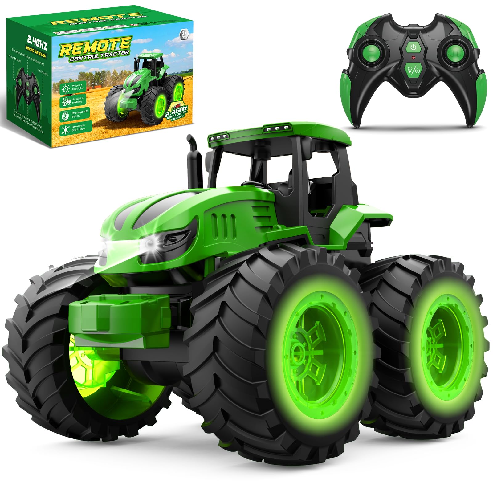 HappyGoLucky 1:18 Scale Remote Control Tractor, Kids Rc Farm Tractor-Light-Up He