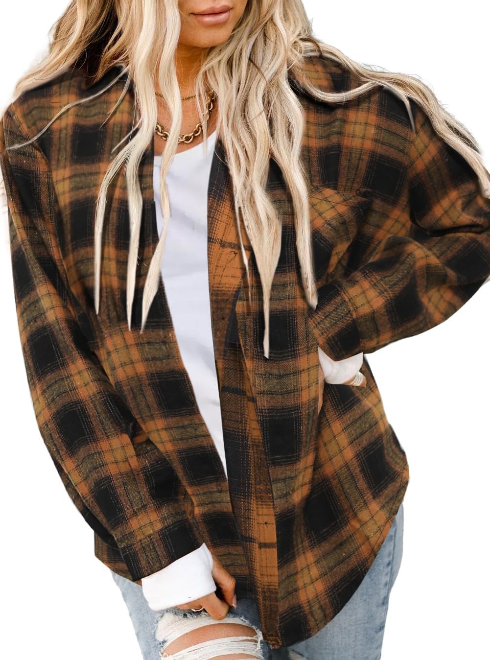 Asiertiy Women's Flannel Shirt Buffalo Plaid Long Sleeve Collar Button Down Ligh