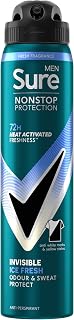 Sure Men Nonstop Protection Invisible Ice Fresh Deodorant Body Spray Antiperspirant with body heat activated technology for 72 hour odour and sweat protection 250 ml