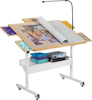 Tektalk Jigsaw Puzzle Table with LED Light | Angle & Height Adjustment, Wooden Plateau with Cover, 4 Roller Wheels, For Up to 1500 Pieces