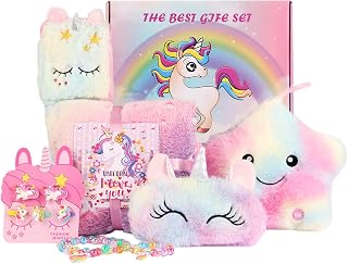 FIIOEOY Unicorn Gift Box for Girls Age 6-8, Unicorn Plush Toy Set with Glow in The Dark Blanket Light Up Star Pillow Eye Mask Crossbody Bag, Birthday Gifts for Daughter Niece