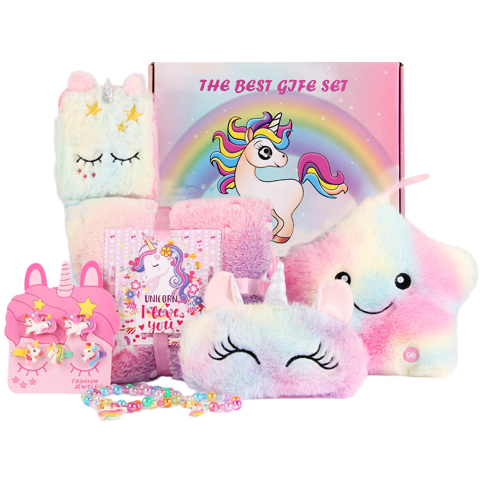 FIIOEOY Unicorn Gift Box for Girls Age 6-8, Unicorn Plush Toy Set with Glow in T