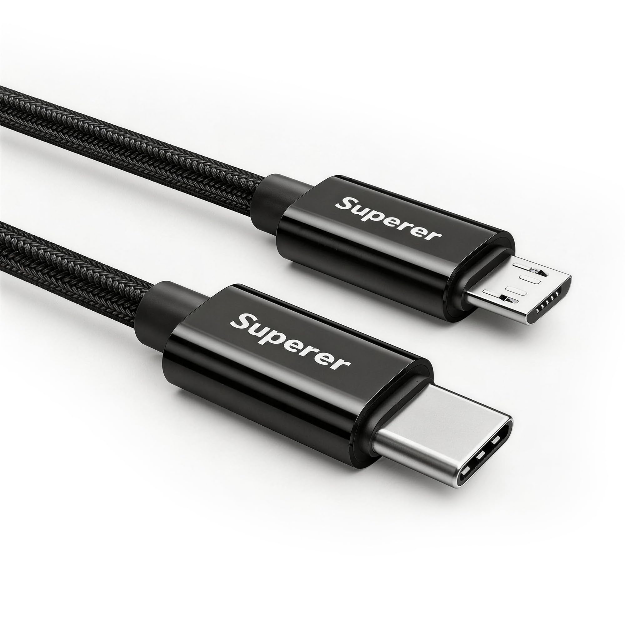 Superer USB C to Micro USB Cable, 3.3FT Black Nylon Braided Cord | 3A Charging &
