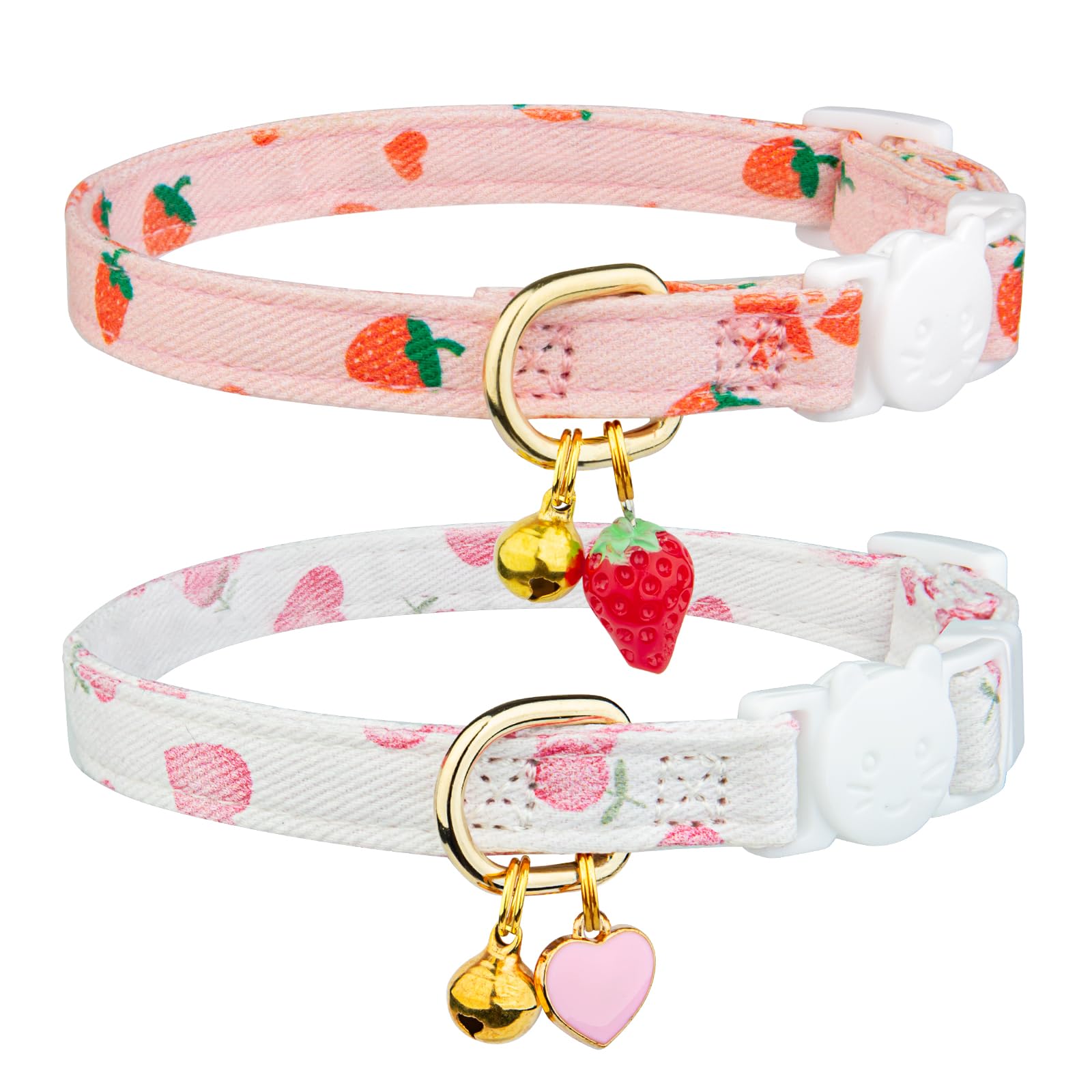 2 Pack Cotton Cat Collar Pink Strawberrie White Heart Cute Kitten Collar | Break