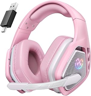 Tatybo Wireless Gaming Headset for PC Ps5 Ps4, 2.4GHz USB & Type-C & Bluetooth Gaming Headphones with Mic, 40H Battery Comfortable Gaming Headsets for Switch Laptop Mobile Mac (Pink)