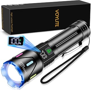 Voylite Torches LED Super Bright 1000000 Lumen Rechargeable | 5000mAh Battery with LCD Power Display IPX7 Water Resistant, 3 Modes and Zoom with Belt Clip for Camping, Emergency