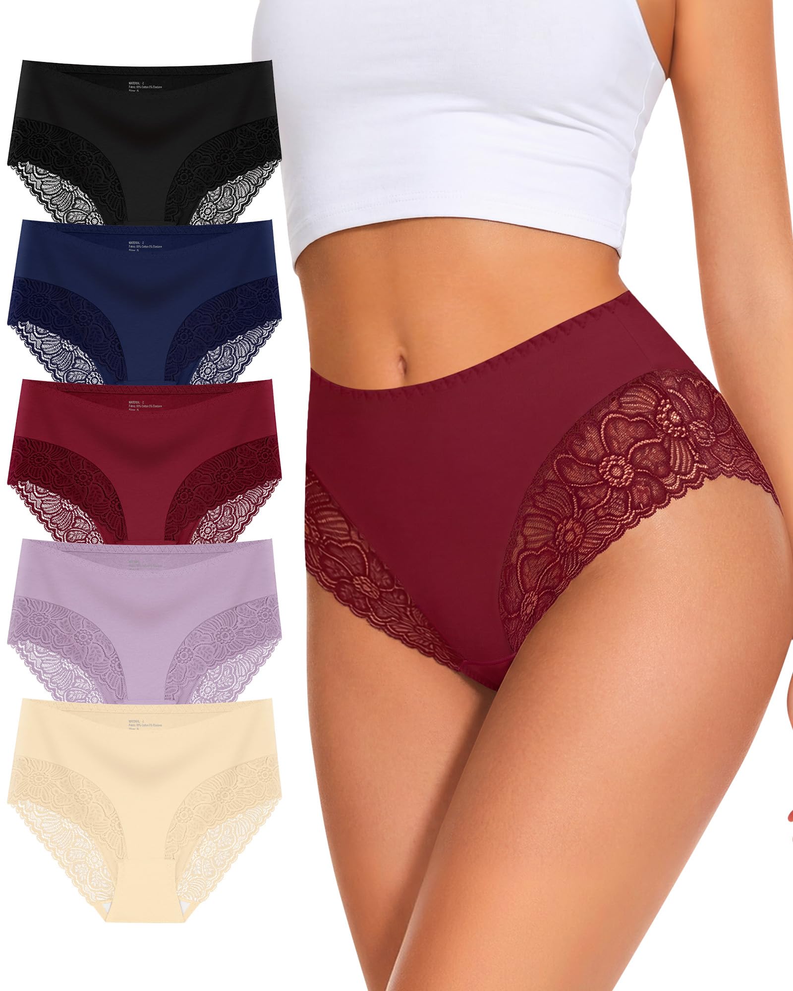 Womens Cotton Knickers Multipack Underwear Lace Trim Mid Rise Briefs 5 Pack