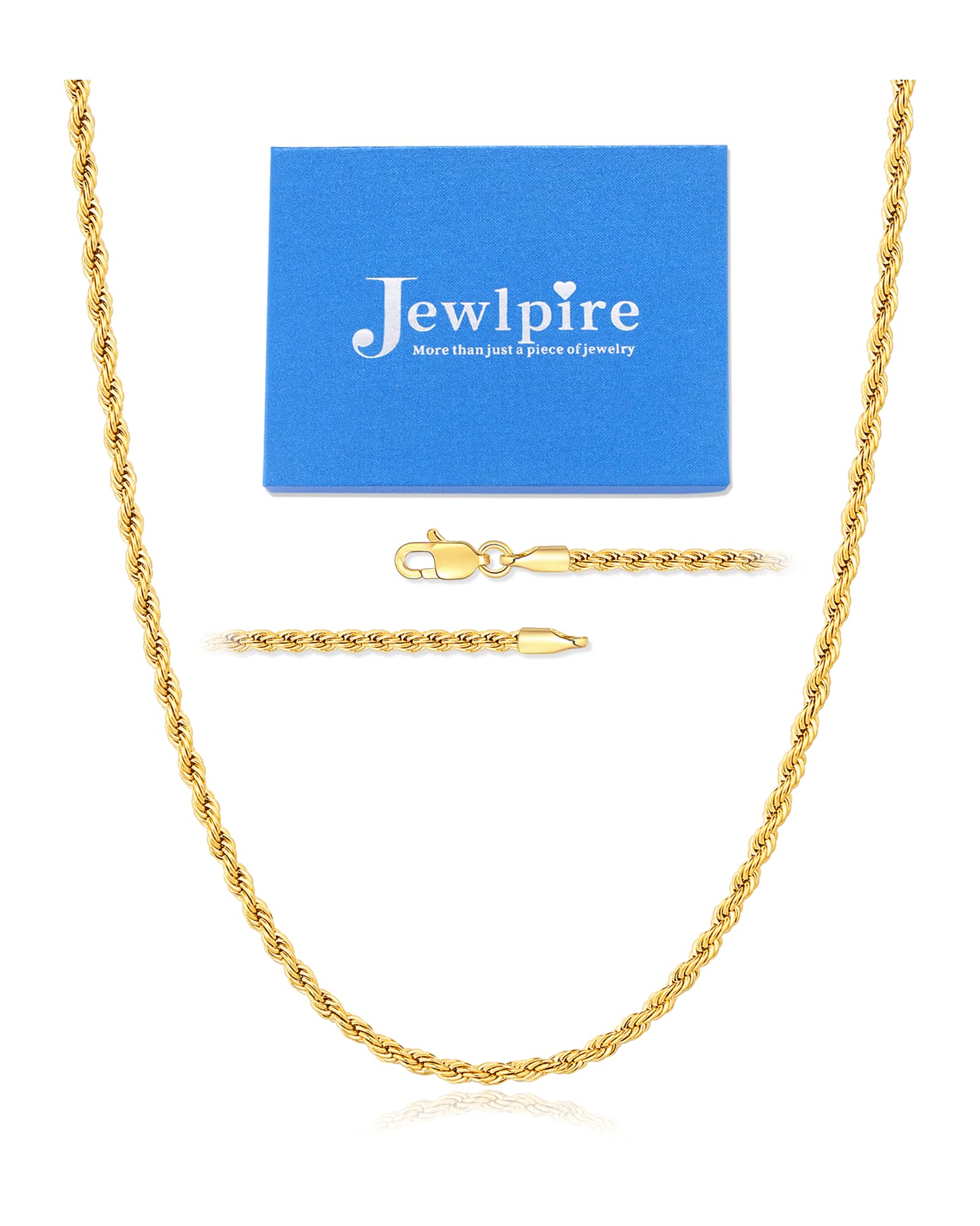 Jewlpire Silver Rope Chain/14k Gold Plated Chain Necklace for Men, 2.5mm 3mm 4mm
