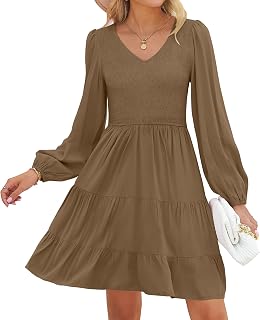 ZESICA Women Casual Short Dress V Neck Long Sleeve High Waist Ruffle A-line Flared Dress