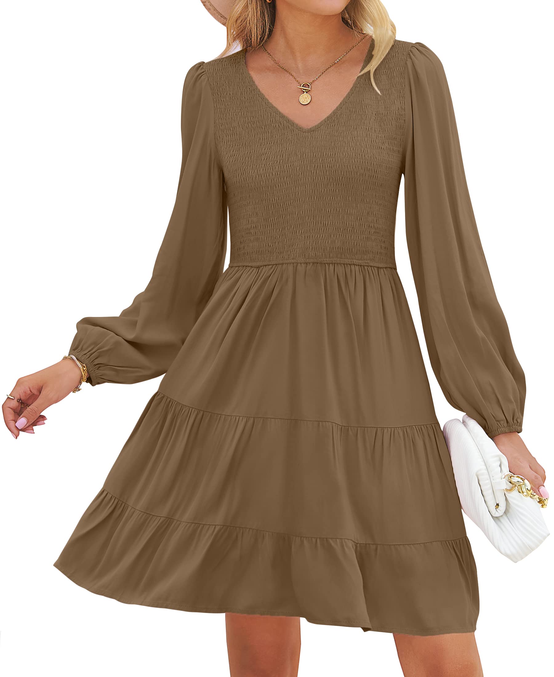 ZESICA Women Casual Short Dress V Neck Long Sleeve High Waist Ruffle A-line Flar
