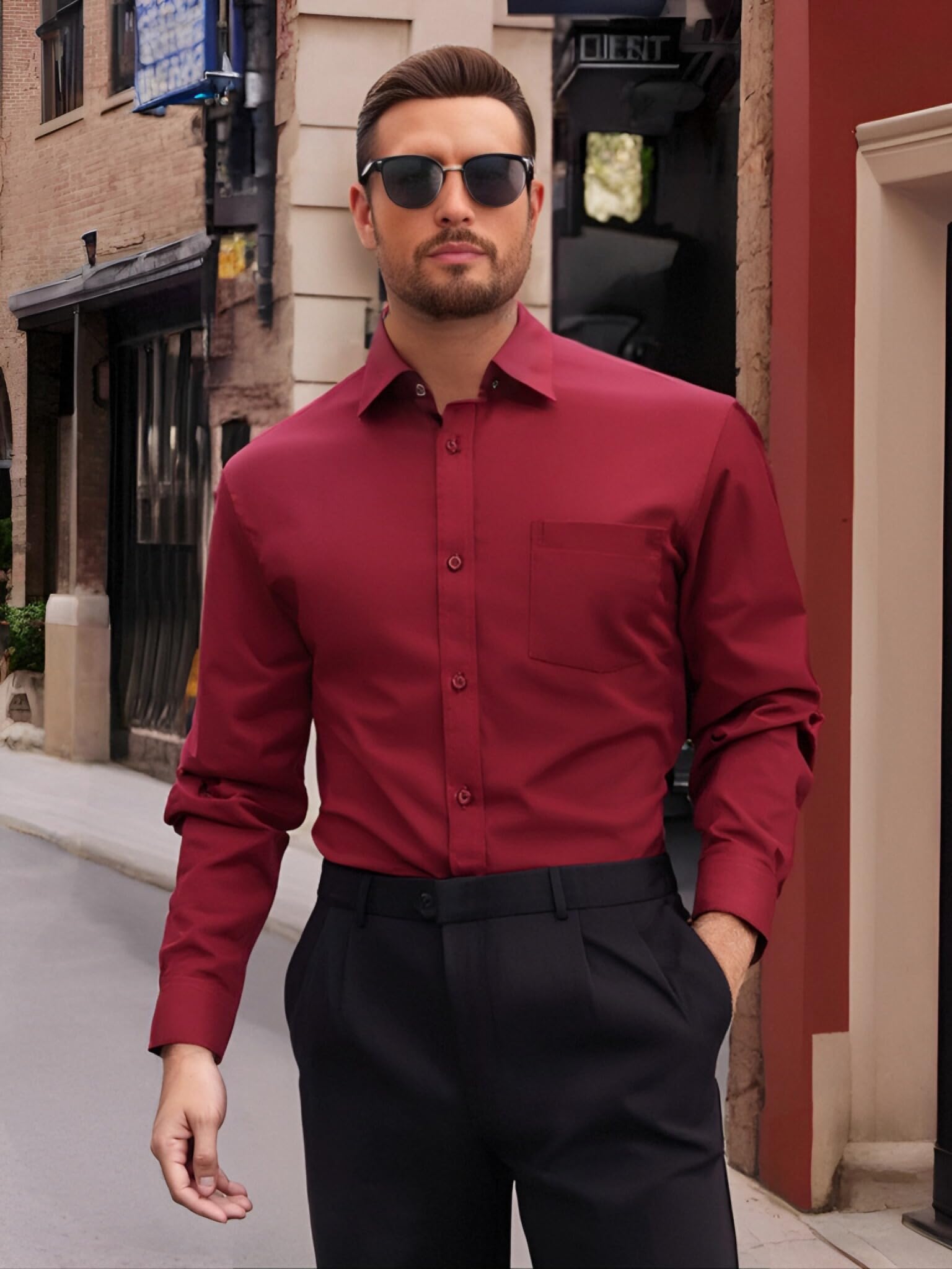Mens Red Long Sleeve Slim Fit Button Down T Shirt for Business or Casual Wear