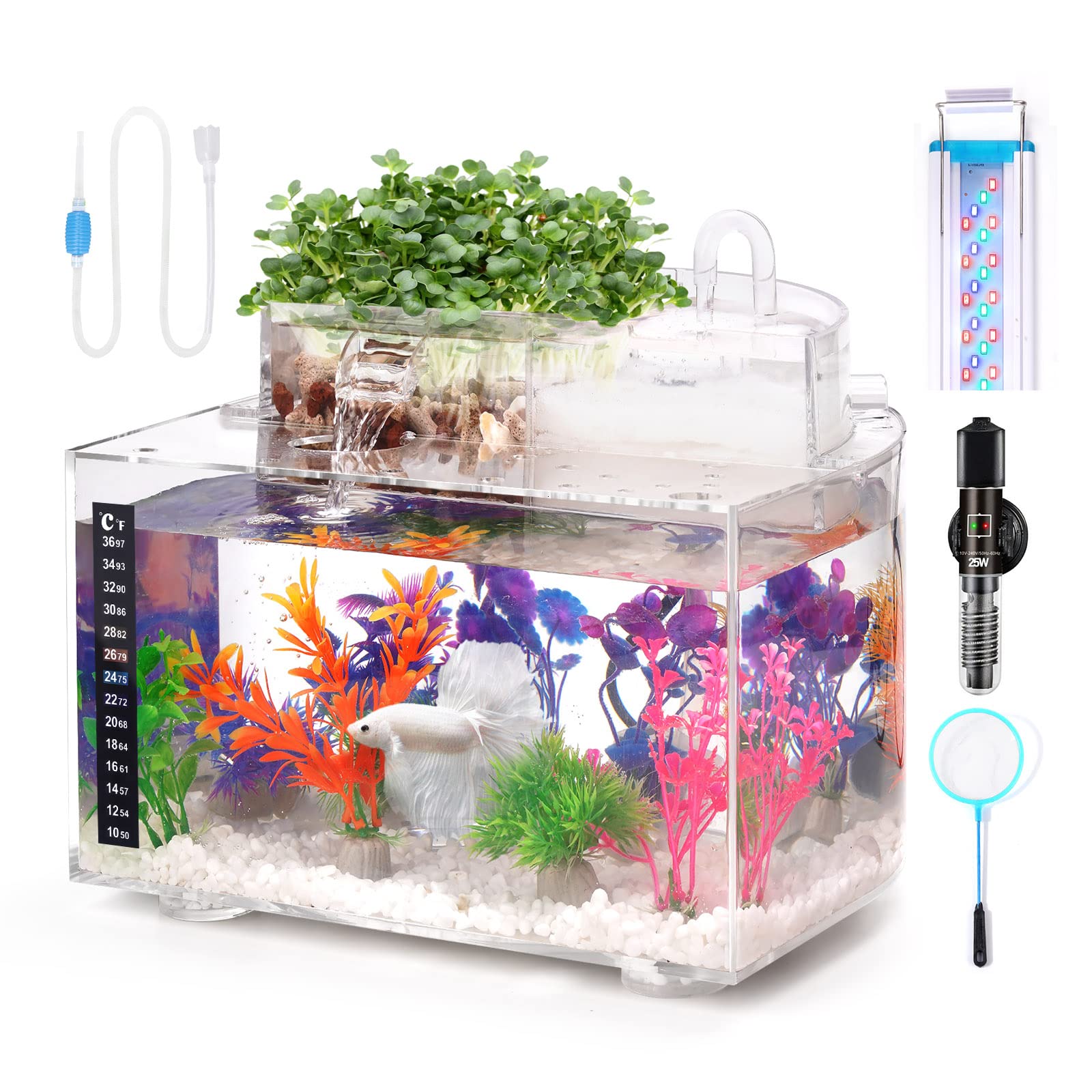 Betta Fish Tank Kit, 2.5 Gallon Aquarium Self-Cleaning with LED Light, Filter, H