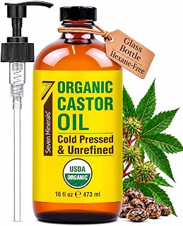 Seven Minerals USDA Organic Castor Oil - Big 16 oz Glass Bottle with Pump - 100% Pure Cold Pressed Unrefined Hexane Free - for Hair Growth, Eyelashes, Eyebrows, Skin, Cuticles &amp; Caster Oil Packs