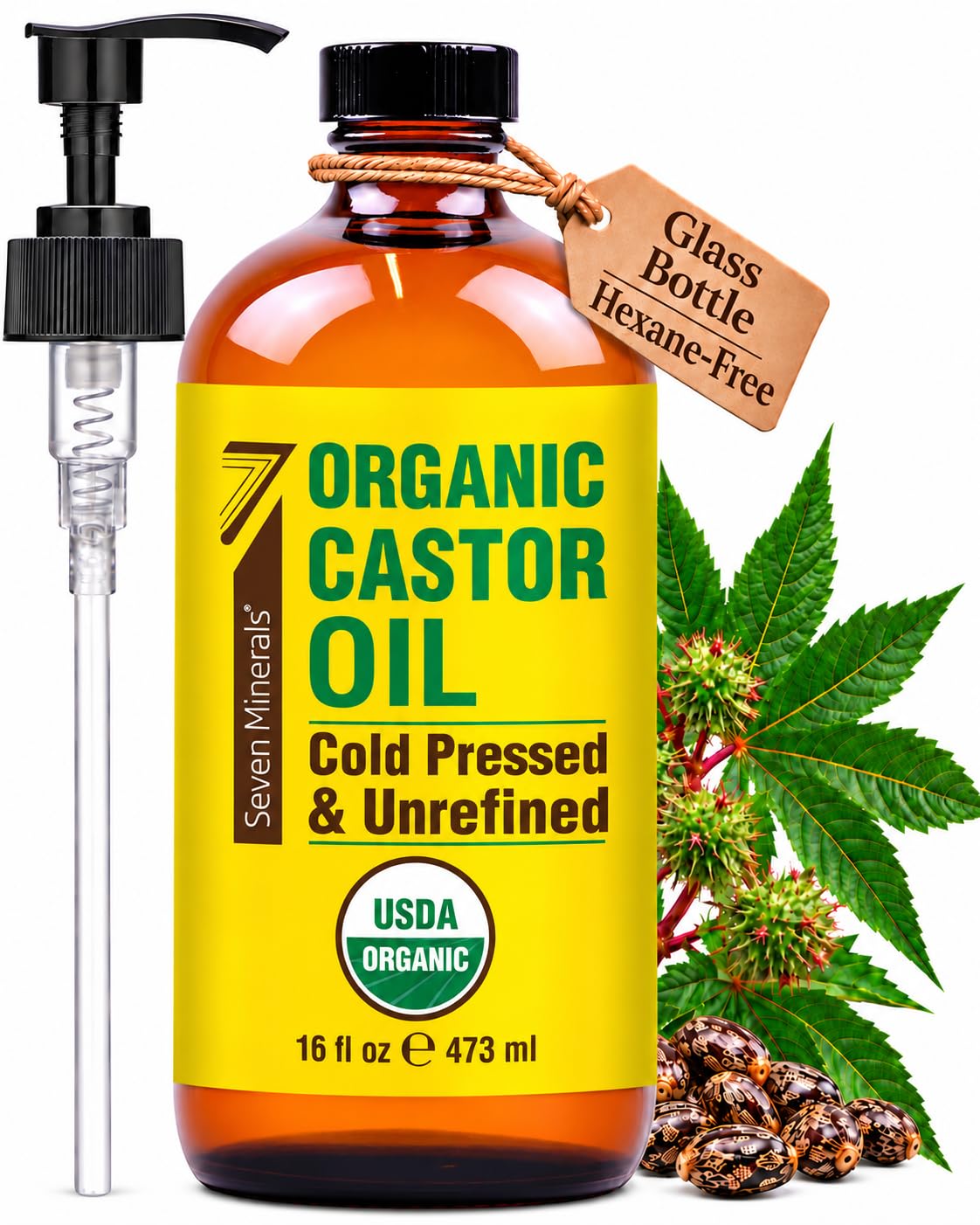 Seven Minerals USDA Organic Castor Oil - Big 16 oz Glass Bottle with Pump - 100%