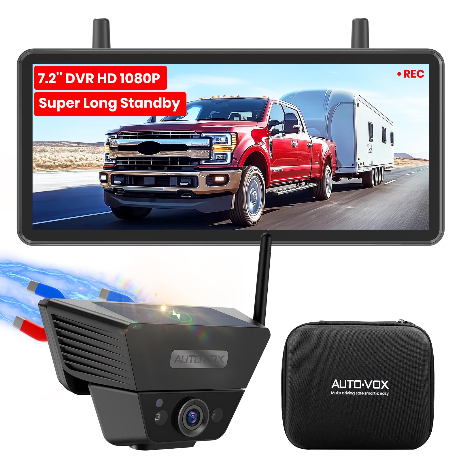 AUTO VOX Wireless Backup Camera Solar Magnetic, 7.2" DVR 1080P Monitor | 2 