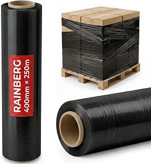 Rainberg Strong Heavy-Duty Stretch Film for Pallet Wrapping, Packaging and Moving for Furniture, Luggage, and Parcels, Water & Moisture Proof Pallet Stretch Shrink Wrap rolls 400mm x 250m (Black, 1)