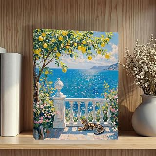 Italy Coastal Wall Art, Nature Landscape Watercolor Painting Framed Canvas Print Modern Home Decor Summer Aesthetic Italy Lemon Cat Lover Print Living Room Dining Room Bathroom Decor