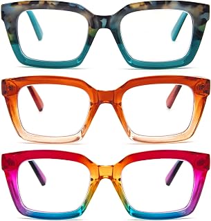 MMOWW 3-Pack Oversized Reading Glasses for Women - Anti Blue Light Glasses with Square Frame (Hawksbill blue+Orange+Rainbow, +2.5)