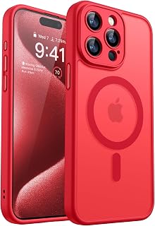 CANSHN Magnetic Compatible with iPhone 15 Pro Max Case, Compatible with MagSafe, Upgraded [Full Camera Protection], [Military Grade Drop Tested] Translucent Matte Back 6.7 inch,Red