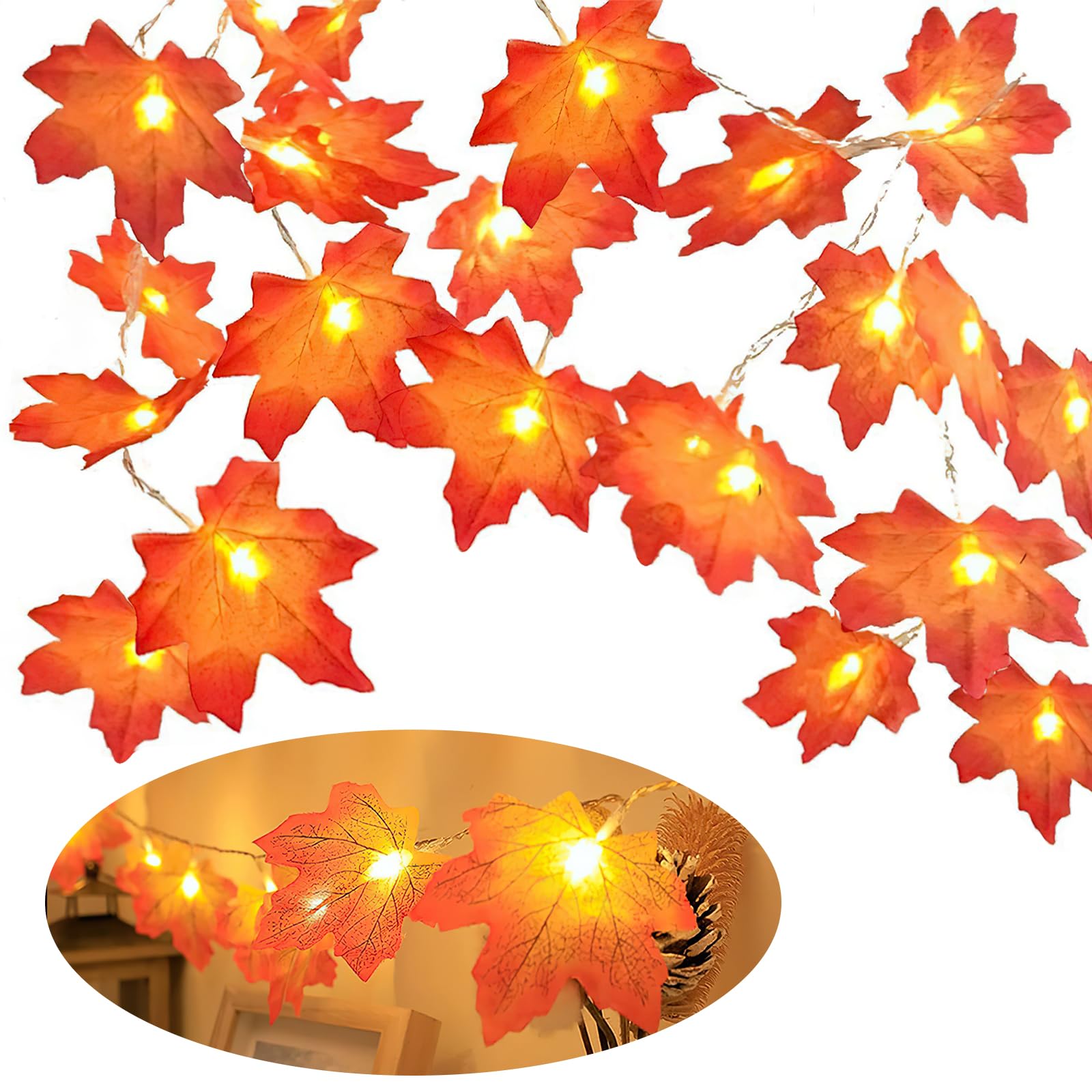 Fall Maple Leaf Orange Fairy Lights, Autumn Garland with Lights, 3M 20LED Fall M