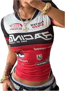 RoseSeek Women's Racing Shirt Letter Graphic Racer Driver Costume Tops | Women Race Car Driver Costume, Race Car Outfits, Racing Shirt, Summer Going Out Tops, Short Sleeve