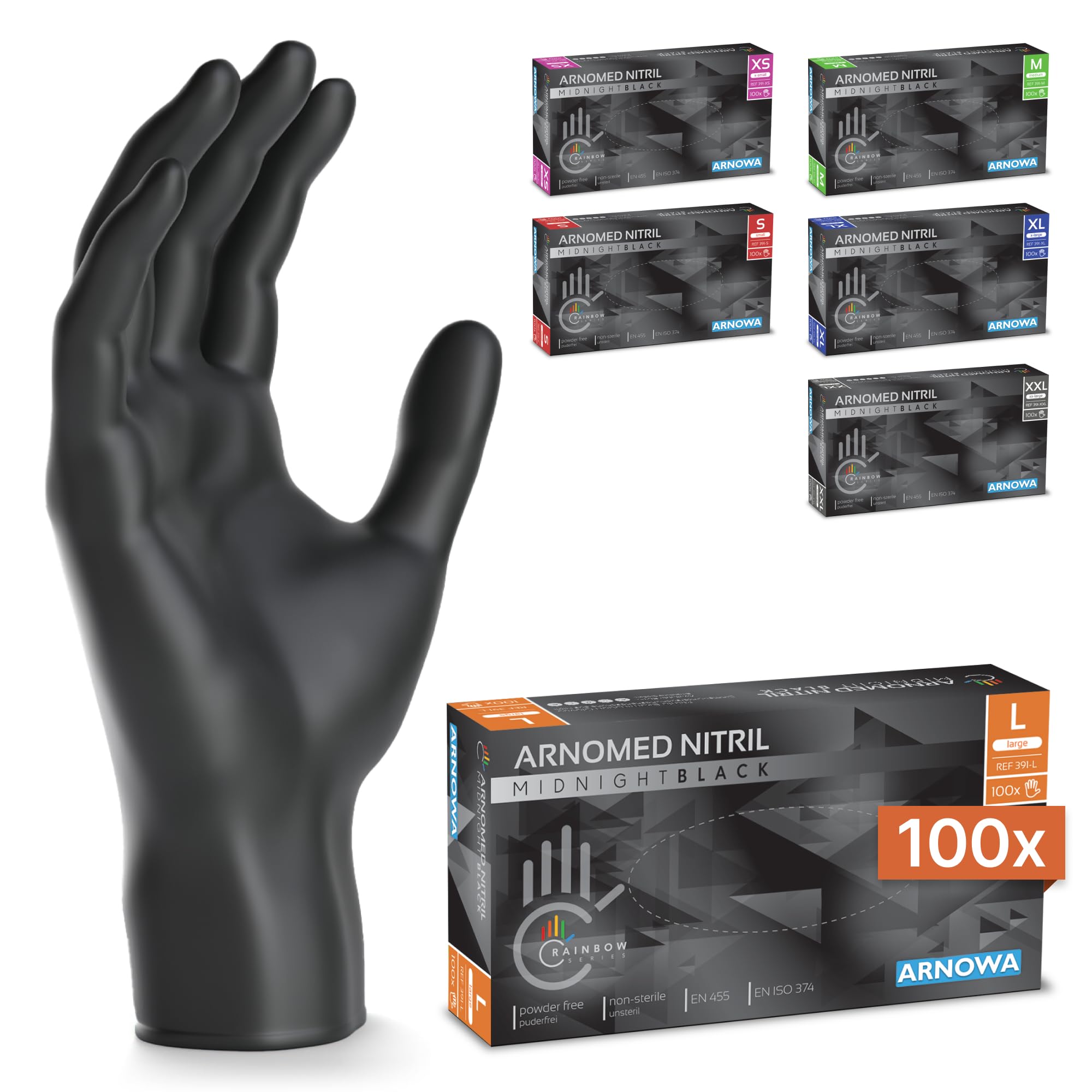 100x ARNOMED Nitrile Gloves Size L Black, Disposable Gloves for Surgery & Labora
