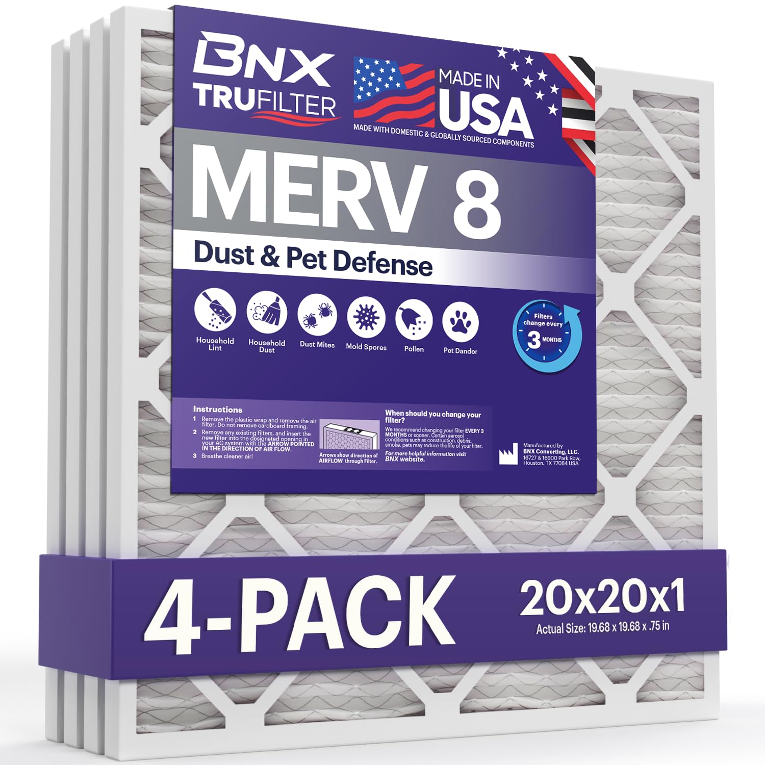 BNX TruFilter 20x20x1 Air Filter MERV 8 (4 Pack) - MADE IN USA – Dust & Pet Defe