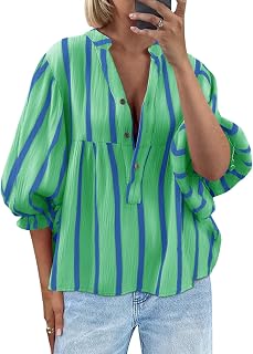 Tankaneo Women Puff Sleeve Blouse V Neck Striped Cute Casual Loose Fit Blouse Tops