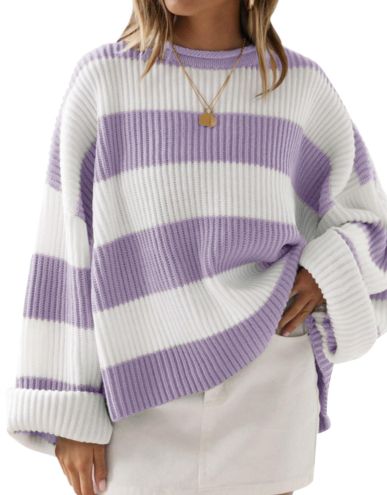 ZESICA Womens Fall Winter Oversized Striped Knit Sweaters Fashion Clothes