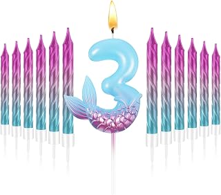 MTLEE 13 Pcs Mermaid Birthday Candles, Number 3 Cake Topper Rainbow