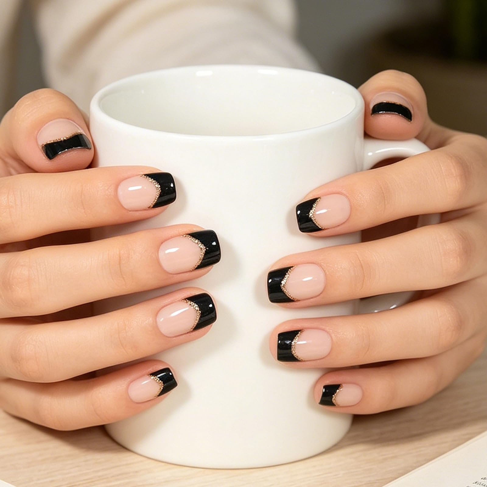 Glossy Nude Black French Press On Nail Short Scobal Acrylic Fake Nail Reusable F
