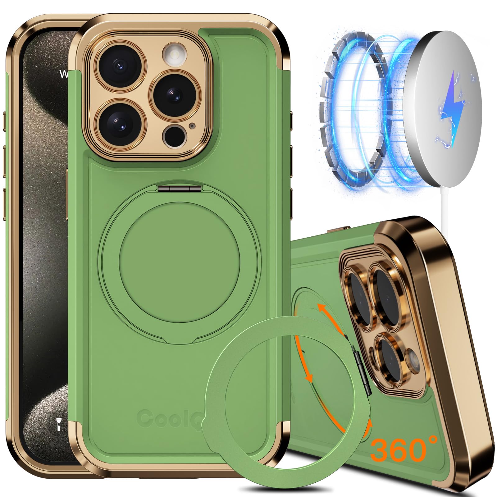 COOLQO for iPhone 14 Pro Case Upgraded 360° Spin Magnetic Stand Matcha Gold