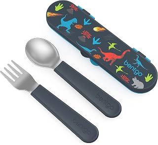 Bentgo Kids Stainless Steel Utensil Set with Fork, Spoon, & Storage Case | Reusable, PFAS- & BPA-Free, Easy-Grip Handles, Lightweight, Dishwasher Safe, School Lunch, Travel & Outdoors (Dinosaur)