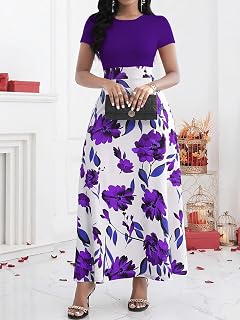 Women's Bohemian Floral Print Short Sleeve Swing Midi Dress Spring/Summer Round Neck Plus Size
