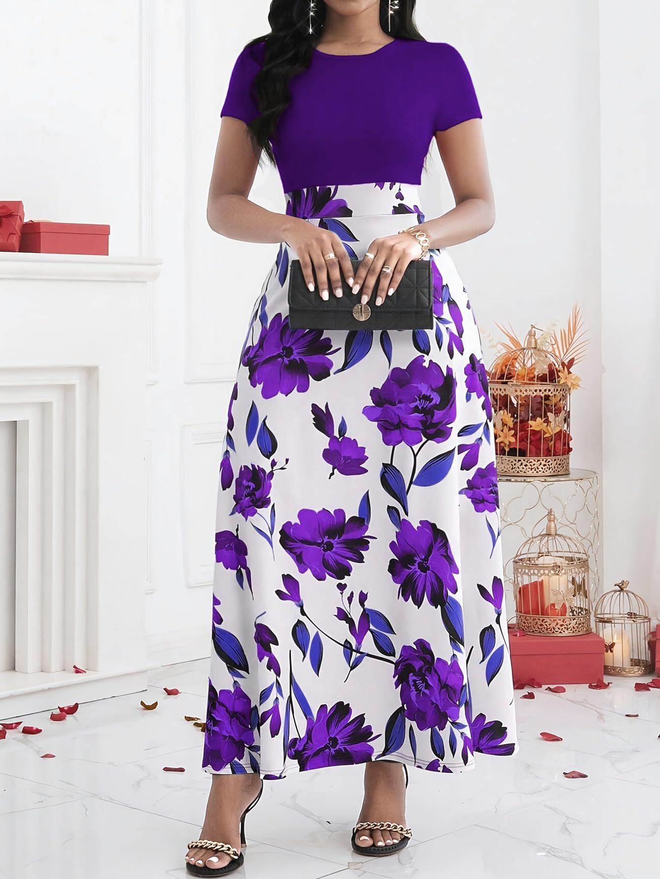 Women's Bohemian Floral Print Short Sleeve Swing Midi Dress Spring/Summer Round 