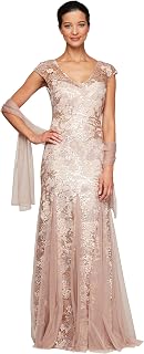 Alex Evenings Women's Long V-Neck Shawl Dress (Regulular) Special Occasion Dress
