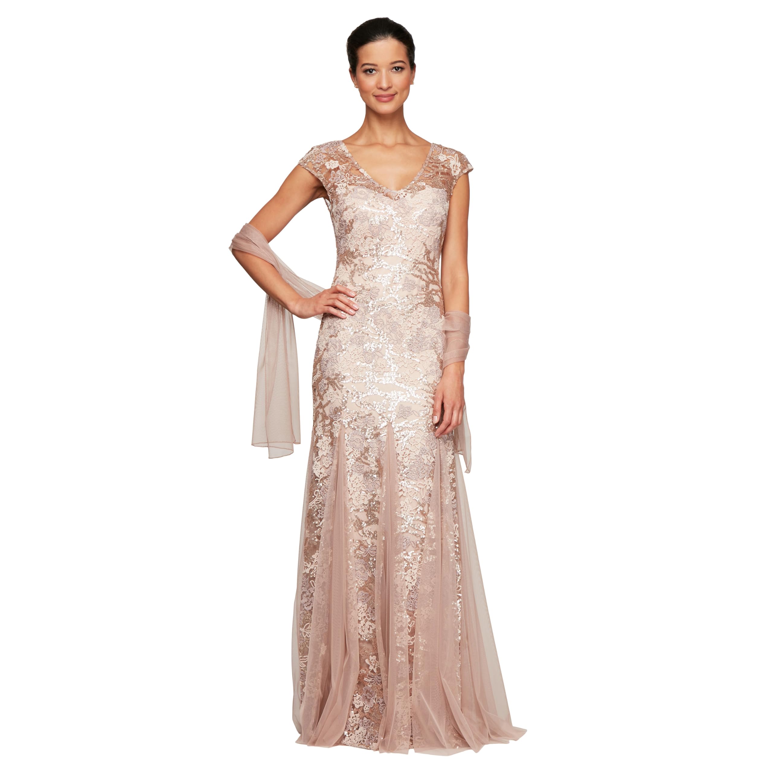 Alex Evenings Women's Long V-Neck Shawl Dress (Regulular) Special Occasion Dress