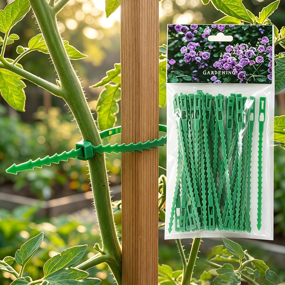 50 Pcs Adjustable Garden Plant Ties, Multifunction Heavy Duty Green Plastic Plan