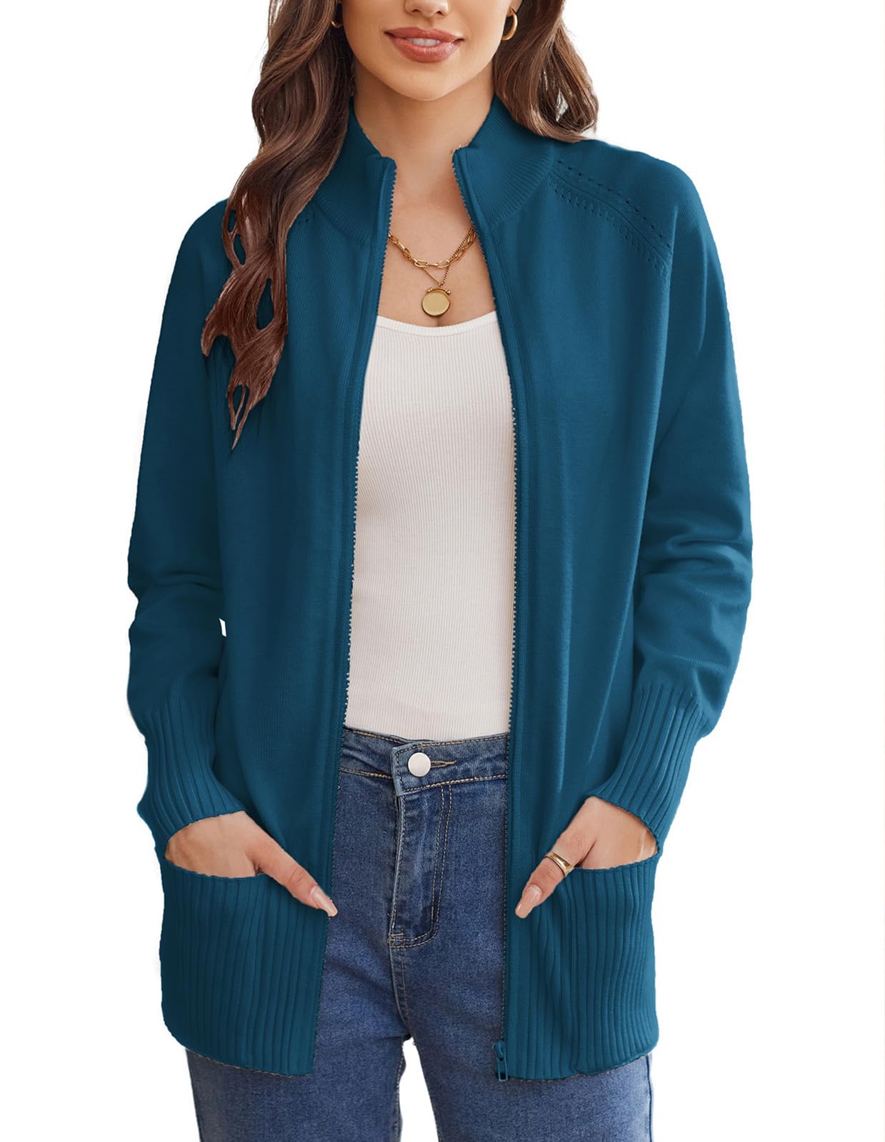 GRACE KARIN Women Long Sleeve Zipper Pockets Stand Collar Full Zipper Cardigan A